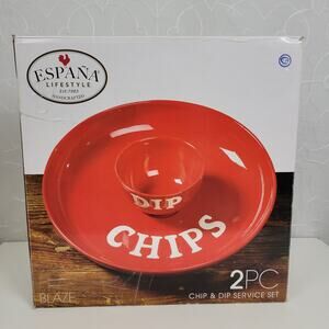 Espana Lifestyle Serving Bowl Set Chip 13" & Dip 5" Blaze Red White Set of 2 NEW